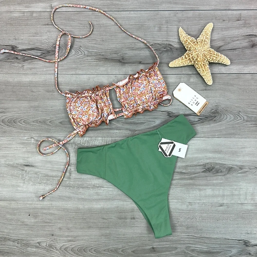 ☀️BILLABONG☀️ Chase The Sun Ruched Bandeau Bikini Top Solid High Rise Cheeky